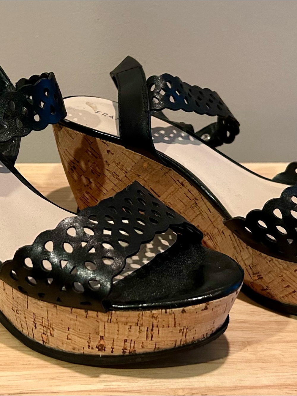 Black Cutout Leather Wedge Sandals with Cork Platform